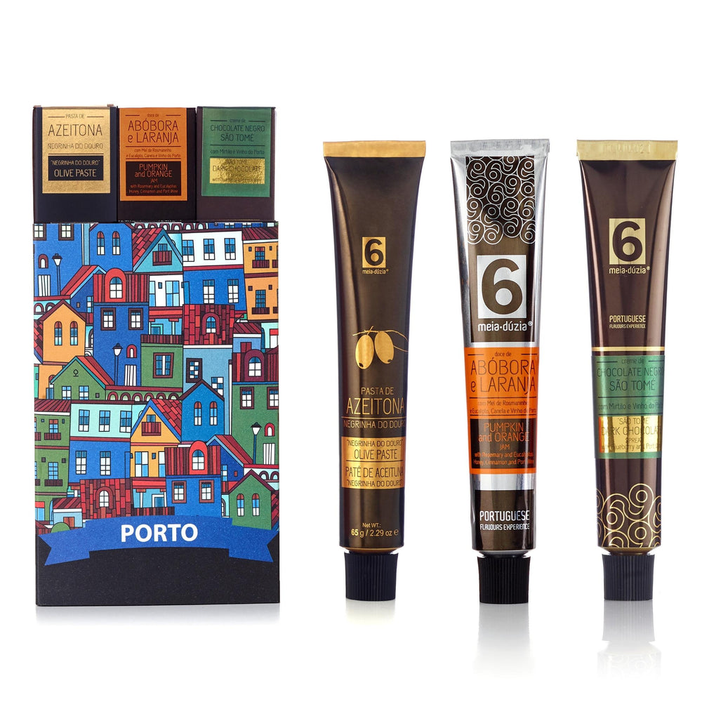 Pack 3 Porto - sabores artesanais portugueses, com pasta de azeitona negrinha do douro com especiarias, doce de abóbora e laranja com mel de rosmaninho, canela e vinho do Porto e Creme de chocolate São tomé com mirtilo e vinho do Porto em Bisnaga. Souovenir do Porto e Vale do Douro, Portugal