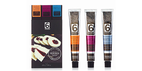 Pack 3 compotas artesanais em bisnaga meia.dúzia, ideais para queijos frescos. Inclui os sabores abóbora e laranja com mel de rosmaninho e eucalipto, canela e amêndoas, amora com avelã e noz-moscada e mirtilo com baunilha e vinho do porto.