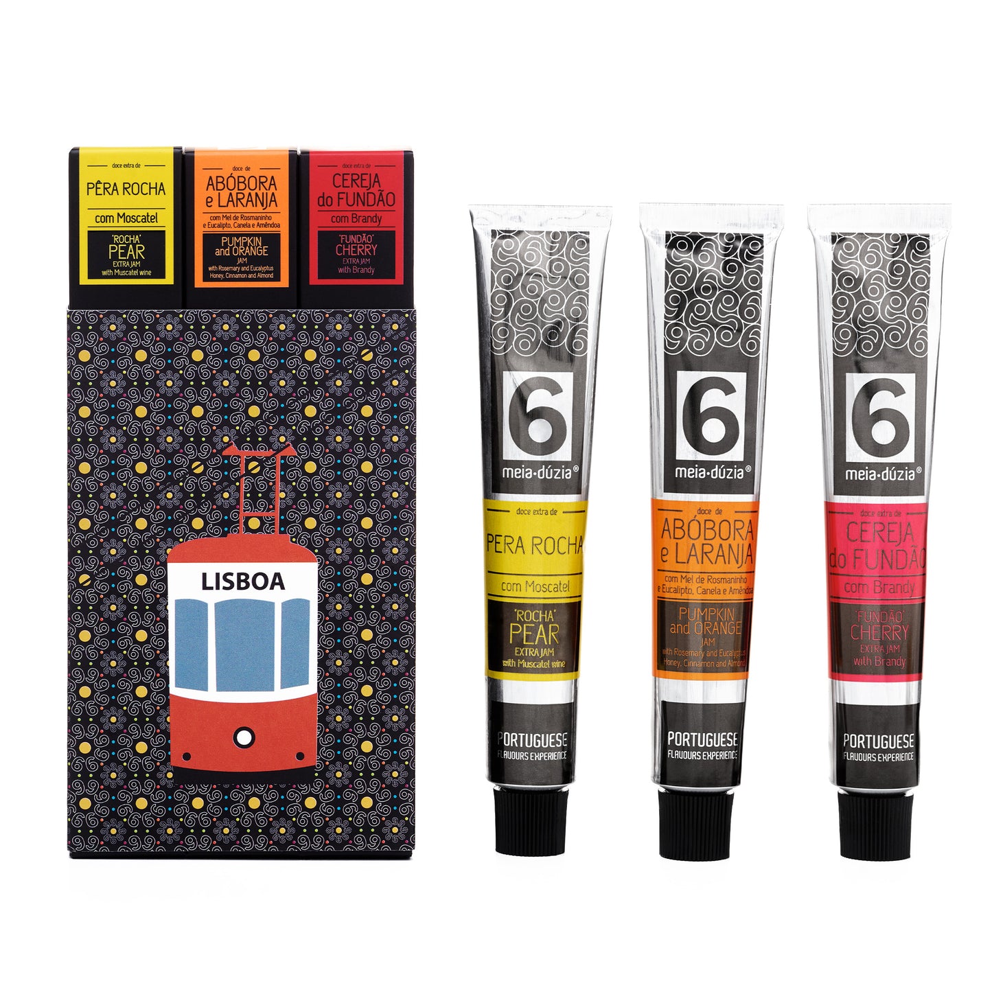 PACK 3 Compotas Tradicionais - Recordação de Lisboa, inclui:compota de abóbora e laranja com mel de rosmaninho e eucalipto canela e amêndoa, compota de cereja do fundão com brandy, compota de pera rocha com moscatel do douro - doces portugueses gourmet em bisnaga by meia.dúzia - sabores de Portugal