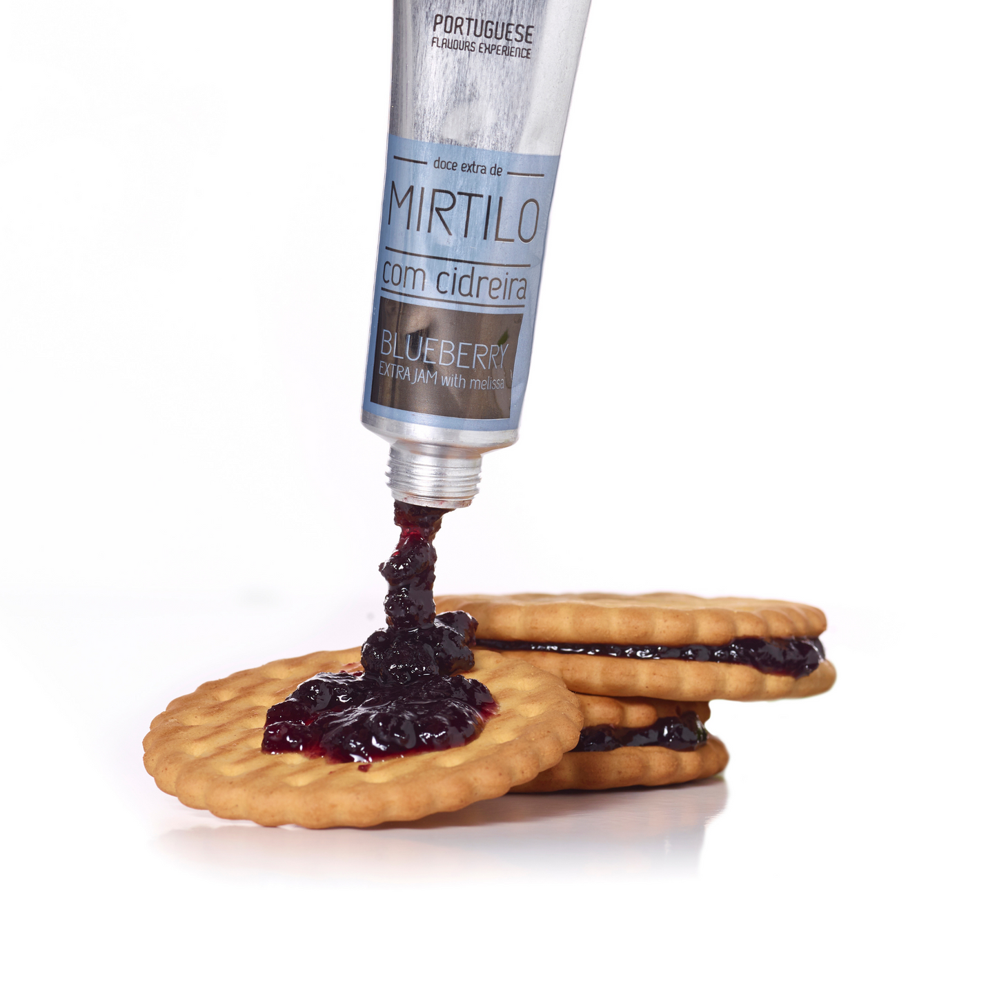 Bisnaga individual de compota de mirtilo com cidreira. Box Experiência: Kit 6 Compotas + Crackers | Prenda para Homem Personalizável. Prenda de Aniversário personalizável com compotas artesanais 100% portuguesas. Sabores de Portugal num presente de gourmet que todos amam receber. meia.dúzia® Sabores de Portugal, prendas gourmet