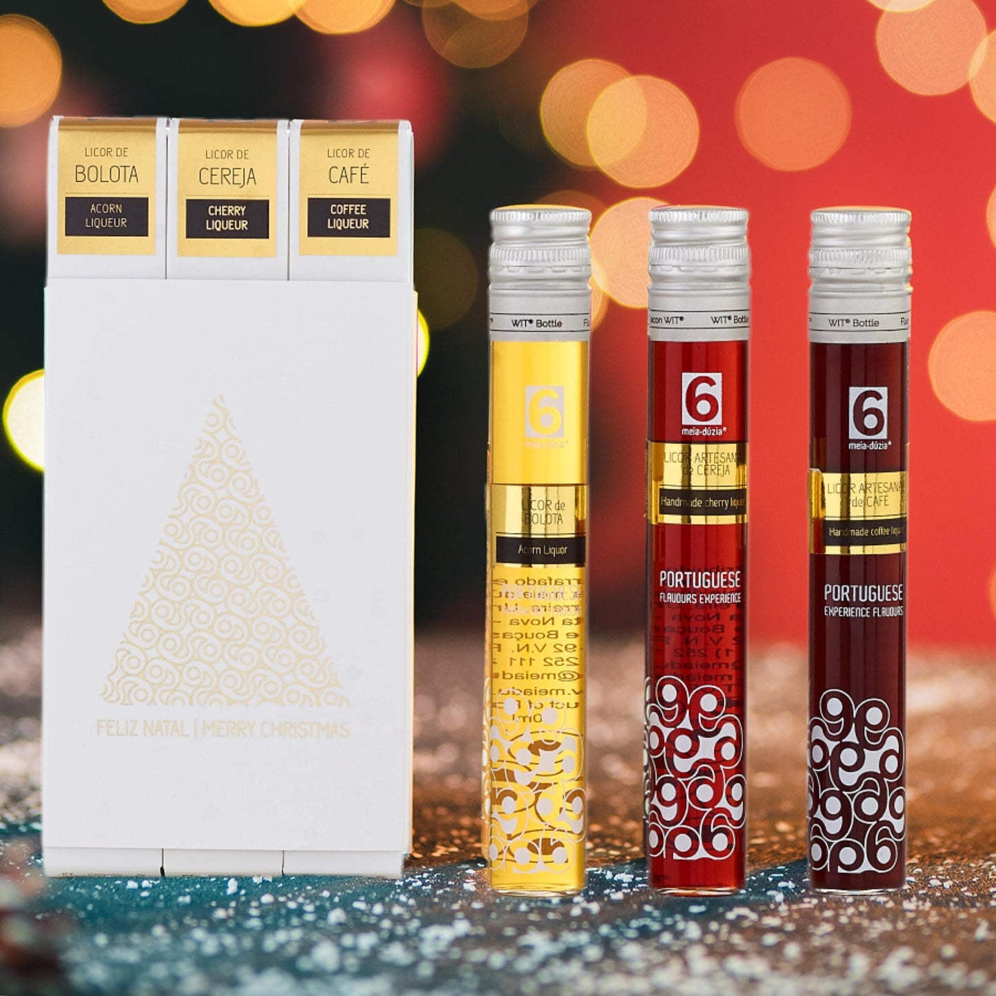 PACK 3 Licores Artesanais - Árvore de Natal, inclui: licor de bolota, licor de cereja, licor de café - licores artesanais portugueses em tubo by meia.dúzia - sabores de Portugal