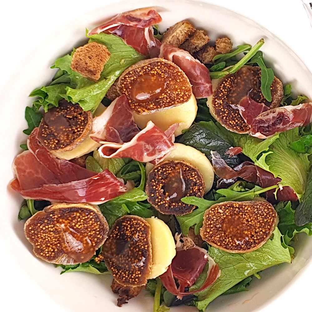 Salada de figo e presunto com doce de pera Rocha com Moscatel, especial Dia do Pai